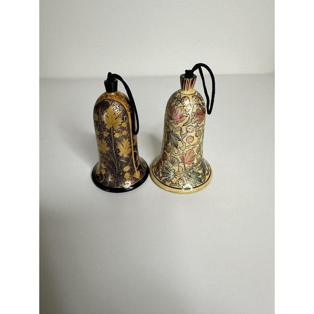 Set of 2 Vintage Decorative Bells Floral Design Gold Black Multicolor Ornate